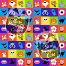 Load image into Gallery viewer, A vibrant, checkered Halloween pattern featuring Halloween icons such as ghosts, cauldrons, coffins, bats, and eyeballs.
