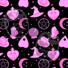 Load image into Gallery viewer, A Halloween-themed pattern of witchy items, cauldrons, crystals, and a witch hat, with a pink color scheme on a black background.
